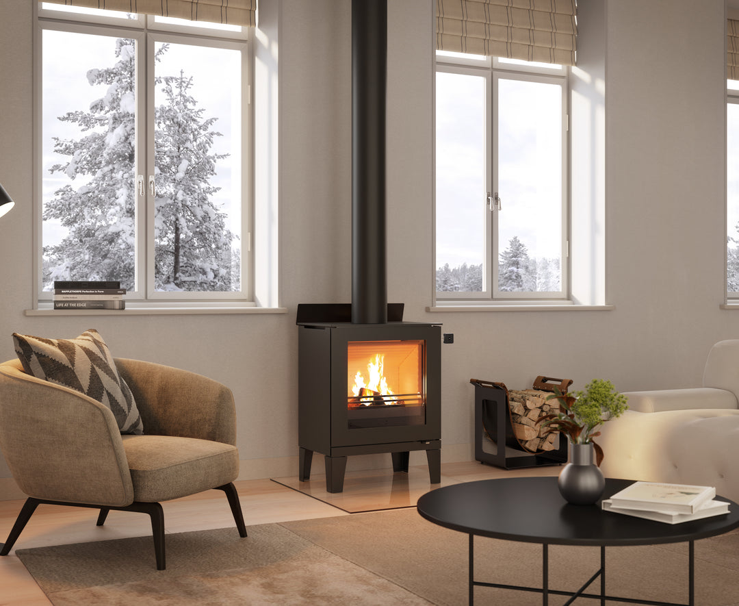 Rais Q-Tee 2 wood stove on legs with heat shield