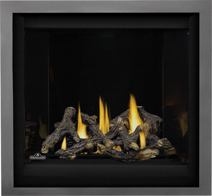 Napoleon Altitude X 36 gas fireplace with oak logs and black glass panels
