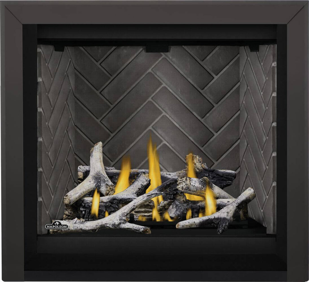 Napoleon Altitude X 36 gas fireplace with birch logs and herringbone brick panels