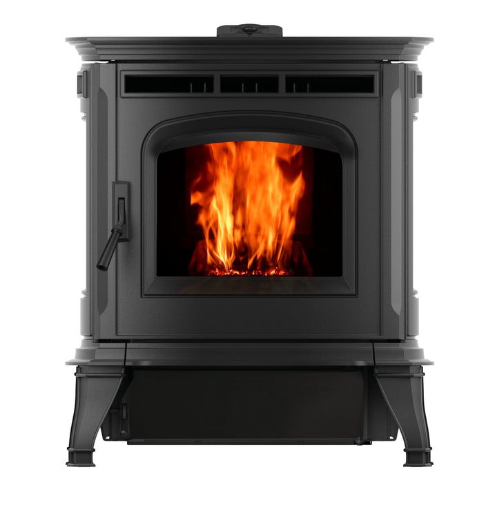 Harman Absolute63 pellet stove with a fire burning