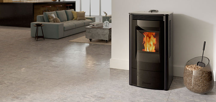 Harman Allure50 pellet stove with gloss black panels and glass front
