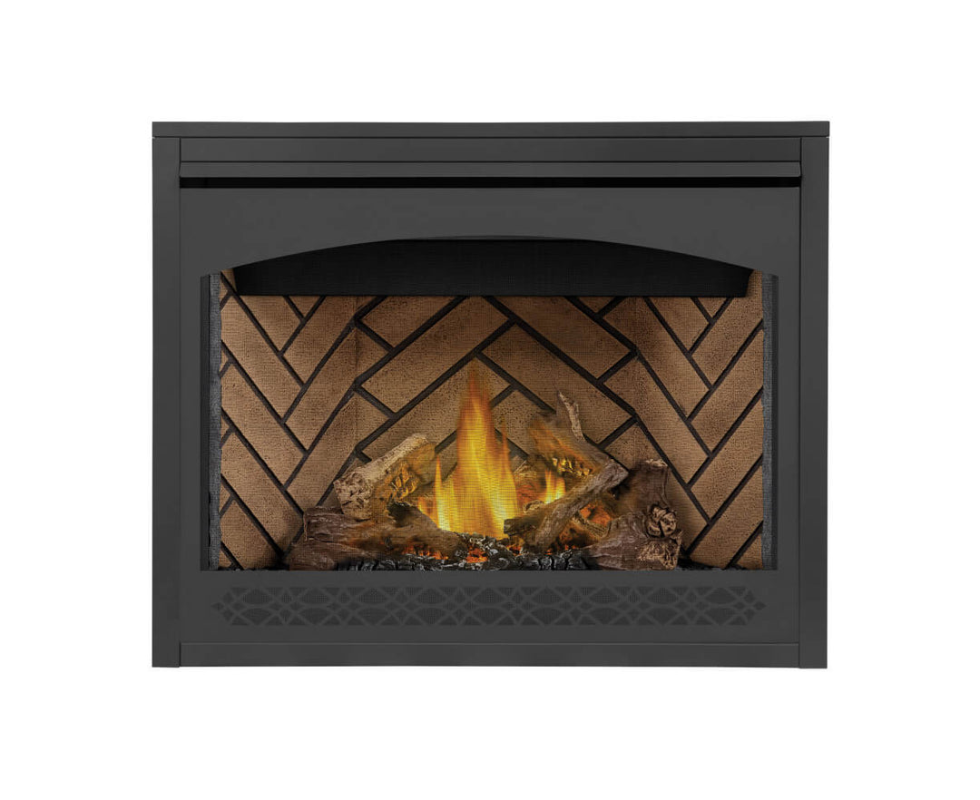 Napoleon Ascent 42 gas fireplace with logs, herringbone panels, and Heritage front