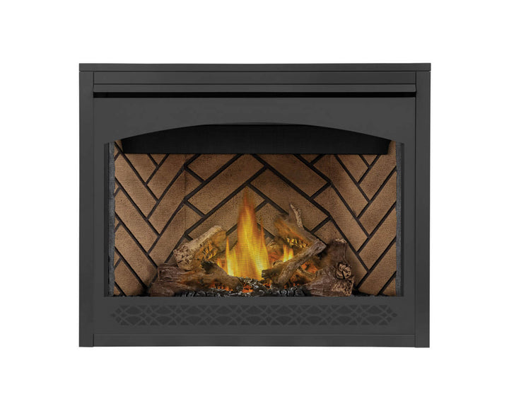 Napoleon Ascent 42 gas fireplace with logs, herringbone panels, and Heritage front