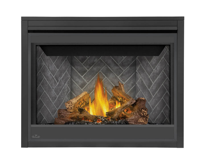 Napoleon Ascent 42 gas fireplace with logs and Westminster herringbone panels