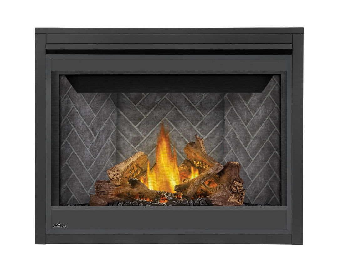 Napoleon Ascent 42 gas fireplace with logs and Westminster herringbone panels