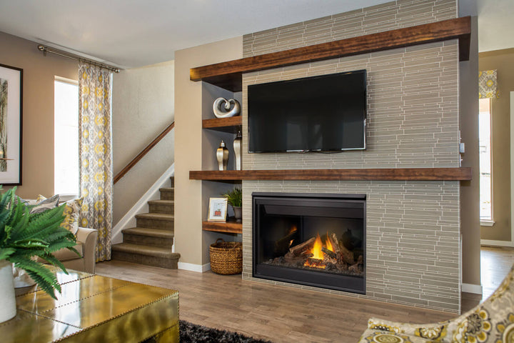 Napoleon Ascent 46 gas fireplace with logs and reflective porcelain panels, flush installed