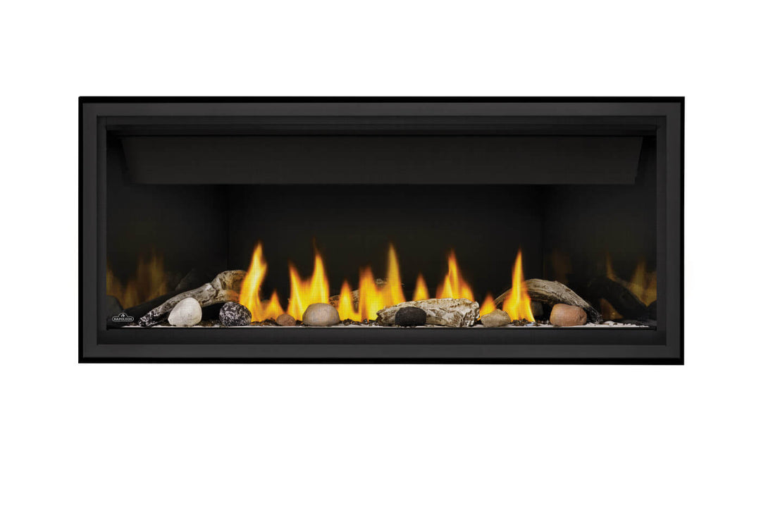 Napoleon Ascent Linear 46 gas fireplace with beach media kit and porcelain panels