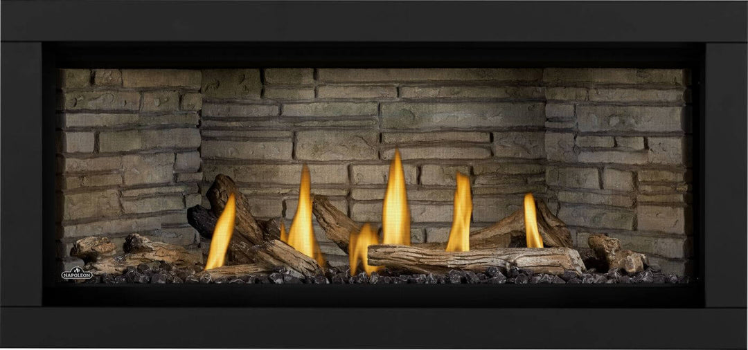 Napoleon Ascent Linear Premium 46 gas fireplace with driftwood logs and ledgestone panels