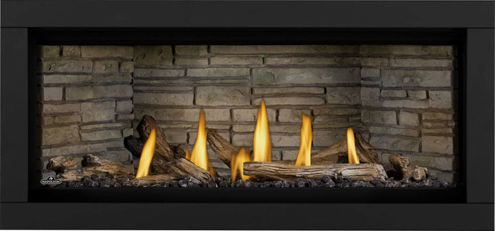 Napoleon Ascent Linear Premium 46 gas fireplace with driftwood logs and ledgestone panels