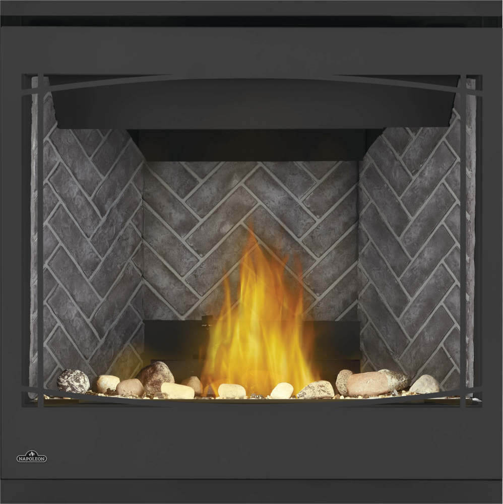 Napoleon Ascent X 36 gas fireplace with herringbone brick panels, logs, and Zen front