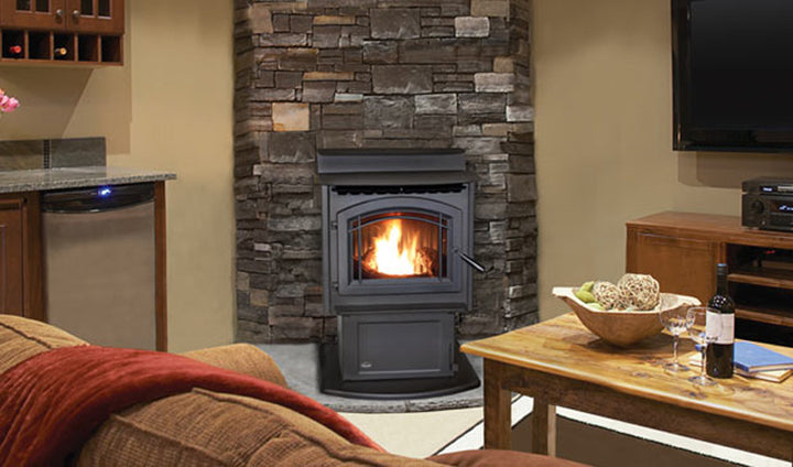 Enviro M55 freestanding pellet stove on pedestal
