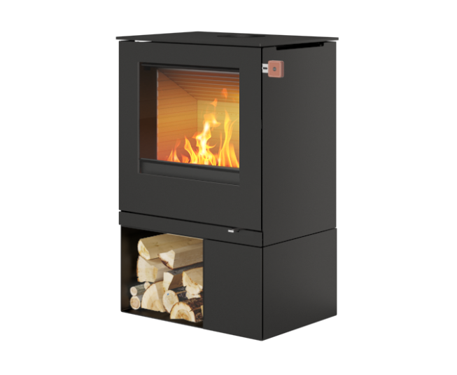 Rais Q-Tee 2 wood stove on a low base with brown leather handle