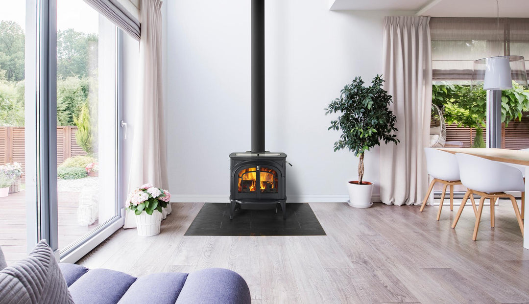 Vermont Castings Dauntless wood stove in Twilight in a home