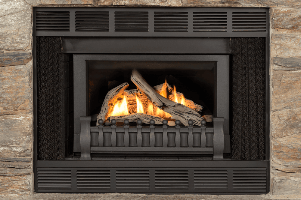 Valor RetroFire gas insert with driftwood logs and Ventana fret