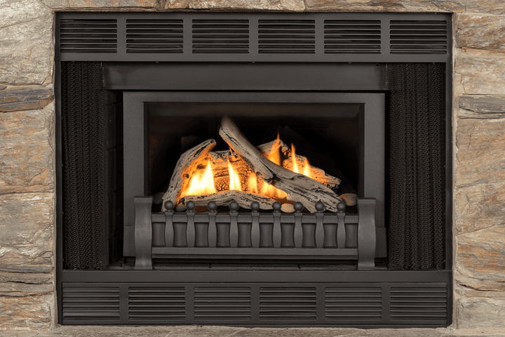 Valor RetroFire gas insert with driftwood logs and Ventana fret