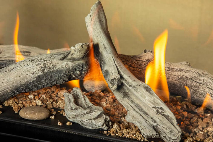 Valor L1 See-Through gas fireplace with driftwood logs