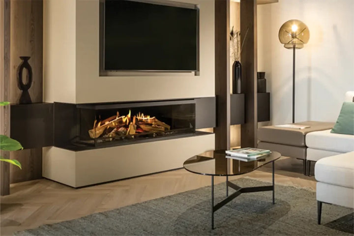 NetZero E-one bay electric fireplace with three glass sides