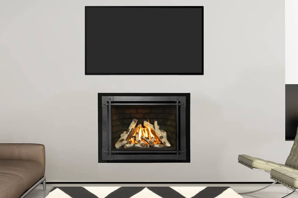 Valor H5 gas fireplace with birch logs and gray brick liner