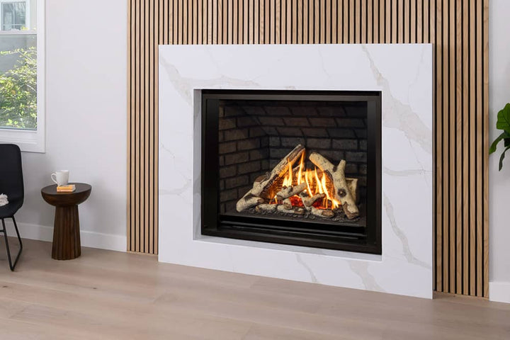 Valor H6 gas fireplace with birch logs and brick liner