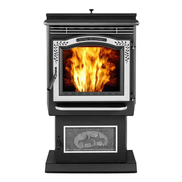Harman P68 pellet stove with optional trim and a fire burning