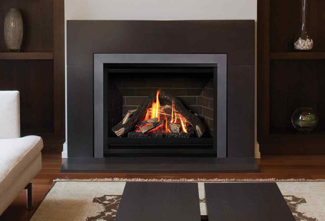 Valor H3 gas fireplace with traditional logs and Clearview front