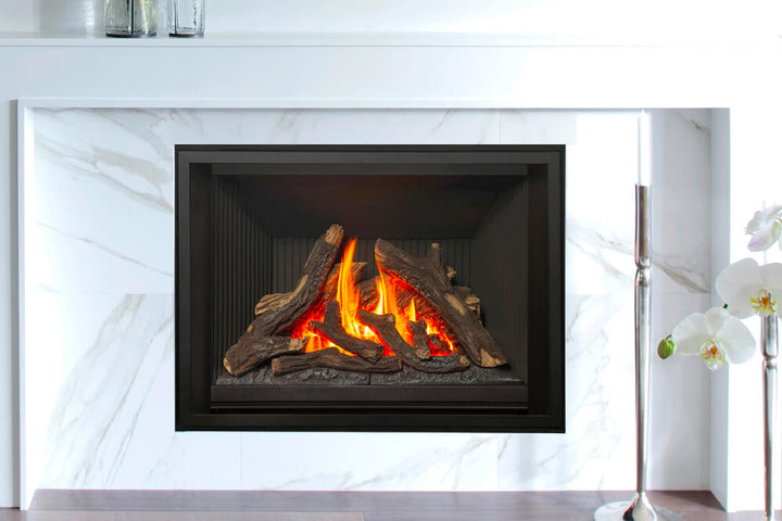 Valor H5 gas fireplace with traditional logs and clean install front