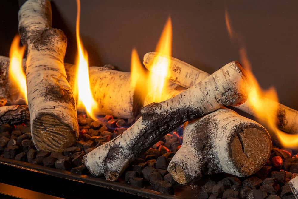 Valor LT1 tall linear gas fireplace with birch logs