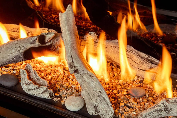 Valor LT1 tall linear gas fireplace with driftwood logs