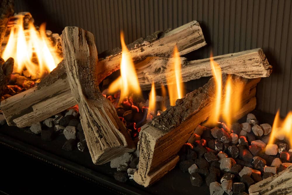 Valor LT1 tall linear gas fireplace with splitwood logs