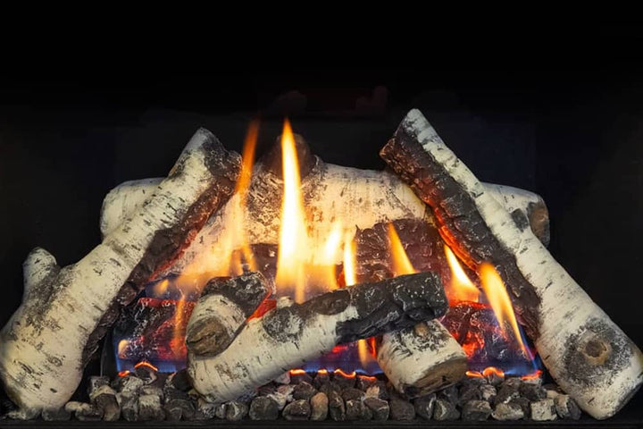 Valor Madrona gas stove with birch logs