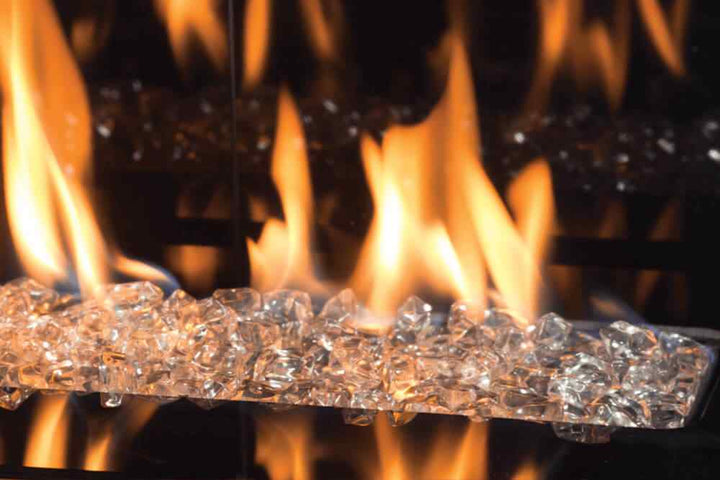 Valor L3 linear gas fireplace with Murano glass