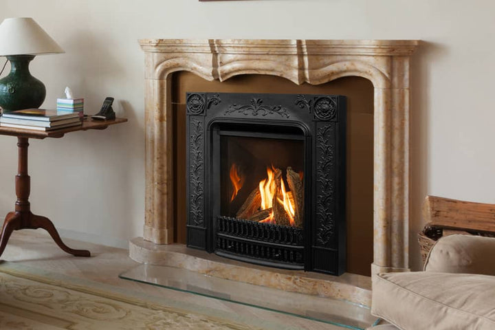 Valor P2 gas fireplace with Richmond cast front and traditional logs
