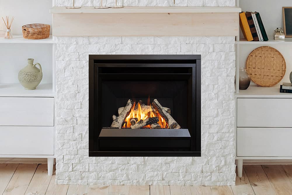 Valor Horizon gas fireplace with birch logs, fluted black liner, and matte black front