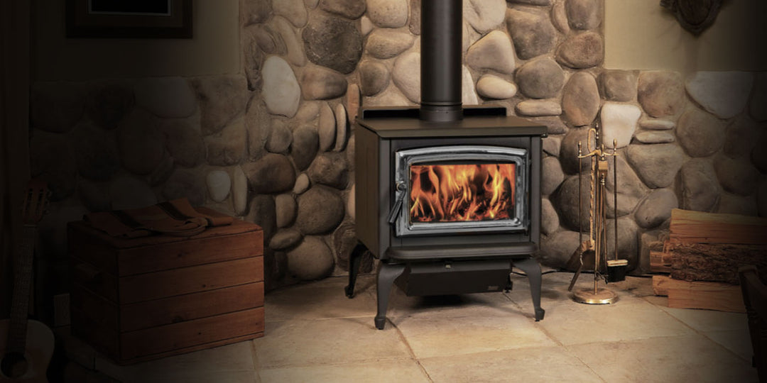 Pacific Energy Super LE wood stove with legs in a room setting